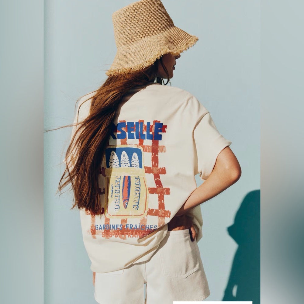 H&M Marseille Sardines Graphic Oversized T-Shirt 100% Cotton White Size S euro